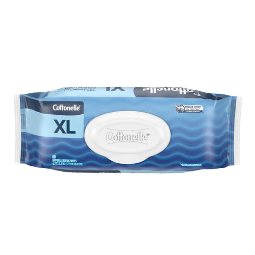 Front-facing Cottonelle XL flushable wipes pack with white oval flip-top lid and blue wave packaging on white background.
