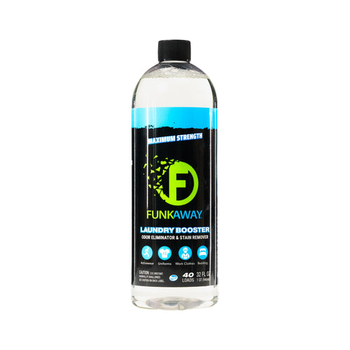 Clear plastic bottle of FunkAway Laundry Booster with black label, green logo and blue accent on white background