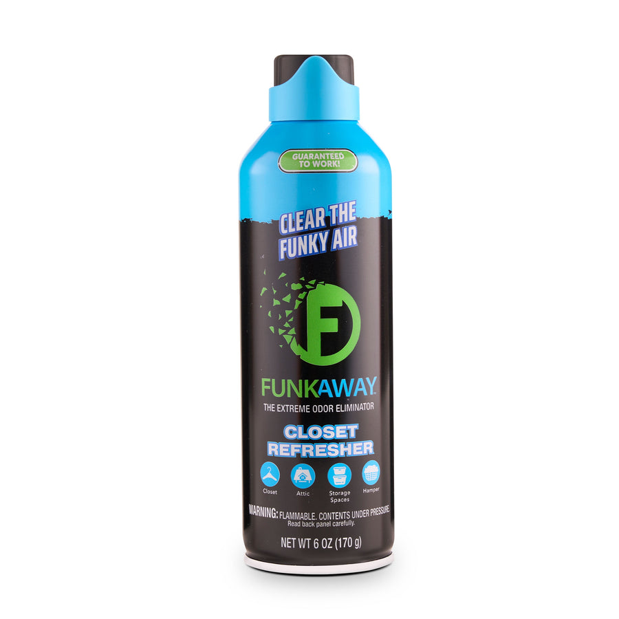 Single FunkAway closet refresher aerosol can with blue cap and black label on white background