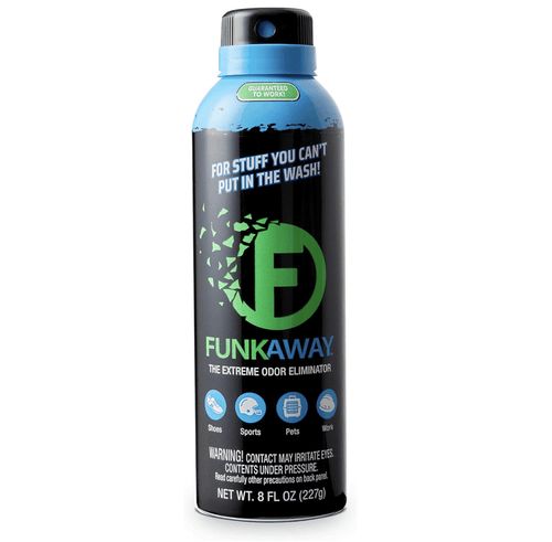 Tall aerosol can of FunkAway Extreme Odor Eliminator with blue cap and green logo on white background