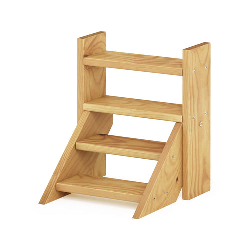 Small three-tier pine wood tabletop ladder-style plant stand shown at a three-quarter angle on white background.