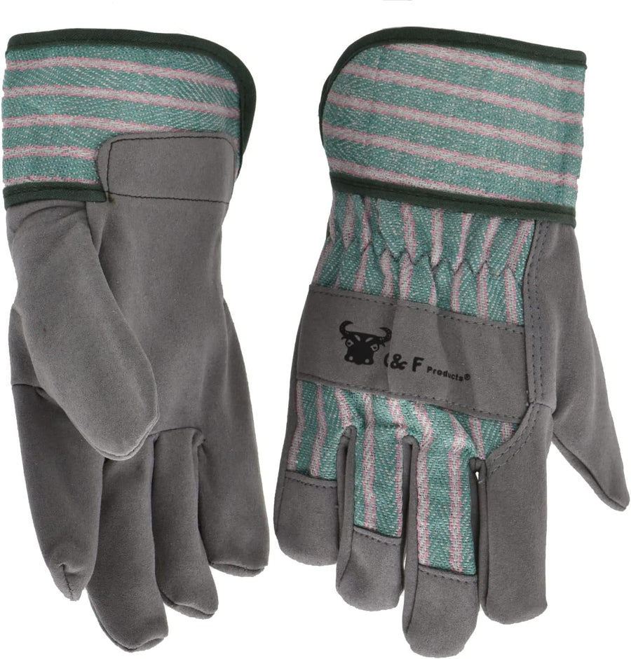 Pair of G & F kids suede work gloves with grey leather palms and green-pink striped cotton cuffs