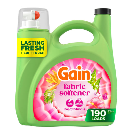 Green Gain fabric softener jug with pink floral label reading ‘fabric softener’ and lasting fresh badge