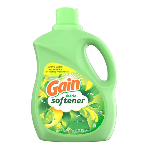 Light green Gain fabric softener bottle labeled “fabric softener” with original scent floral and leaf graphics