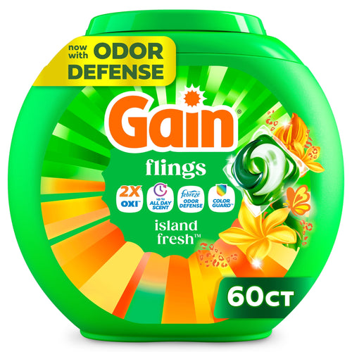 Green Gain Flings island fresh plastic tub with colorful sunburst label and 60ct badge