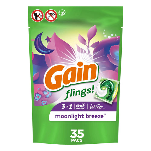 Front-facing green pouch of Gain flings! Moonlight Breeze detergent pods with floral graphics and single pod image
