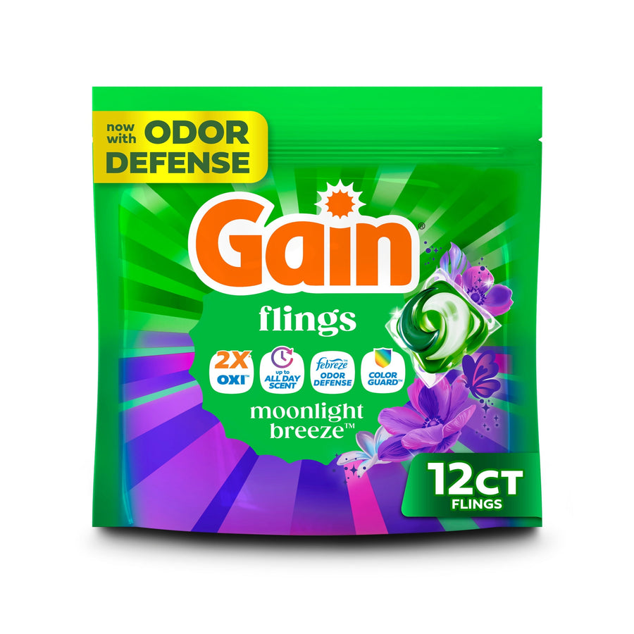 Front-facing pouch of Gain flings Moonlight Breeze laundry pacs with green and purple design and 12 ct badge