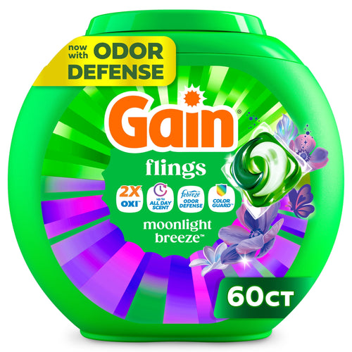 Green round tub of Gain Flings moonlight breeze laundry pacs with colorful label and 60ct callout