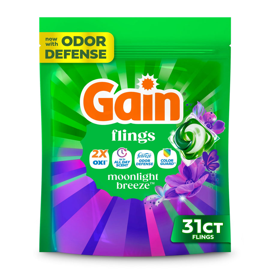 Green resealable pouch of Gain Flings Moonlight Breeze with logo, pods graphic and 31 ct badge