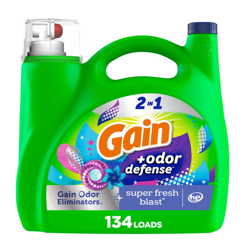 Bright green Gain 2-in-1 liquid detergent jug with colorful odor defense label