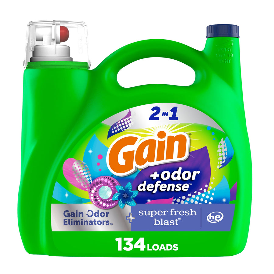 Bright green Gain 2-in-1 liquid detergent jug with colorful odor defense label