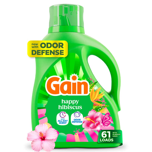 Bright green Gain Happy Hibiscus laundry detergent bottle with floral graphics and 'odor defense' badge