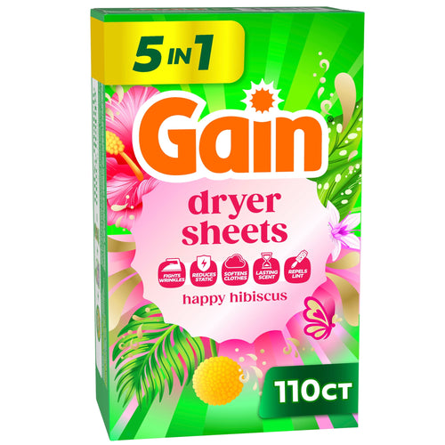 Bright product box of Gain dryer sheets in Happy Hibiscus design with pink floral graphics and 110ct label