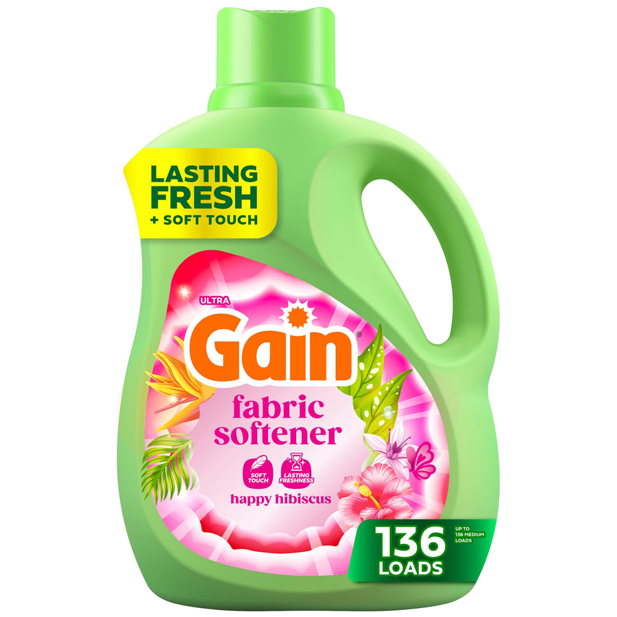 Green Gain fabric softener bottle with pink happy hibiscus label and '136 loads' badge on white background