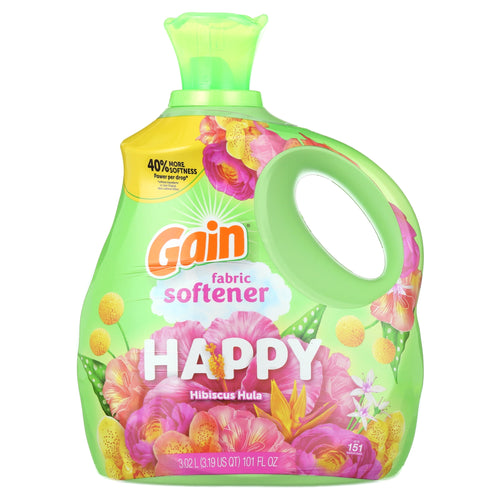 Gain Happy Hibiscus Hula liquid fabric softener bottle showing handle, cap, and colorful floral packaging artwork