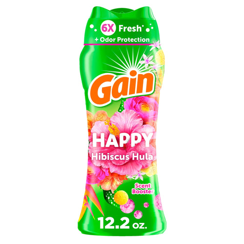 Green Gain Happy Hibiscus Hula scent booster bottle with floral graphics and 12.2 oz label