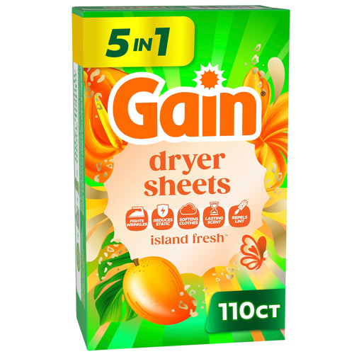 Gain Island Fresh dryer sheets box with bright green packaging, fruit and floral artwork and 110ct label
