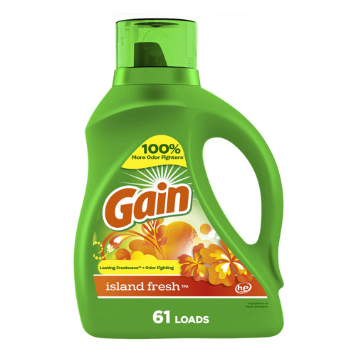 Green bottle of Gain Island Fresh liquid laundry detergent with floral label and 61 loads text