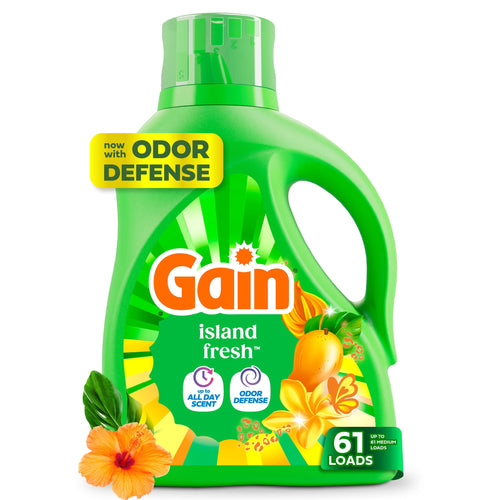 Green Gain Island Fresh liquid laundry detergent bottle with floral and fruit graphics and 'odor defense' badge