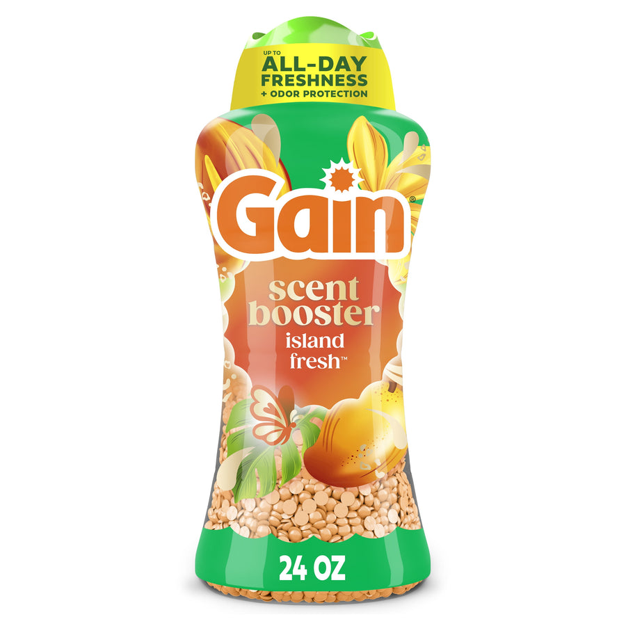 Tall Gain Scent Booster bottle with island fresh label and visible beige scent beads in clear lower section
