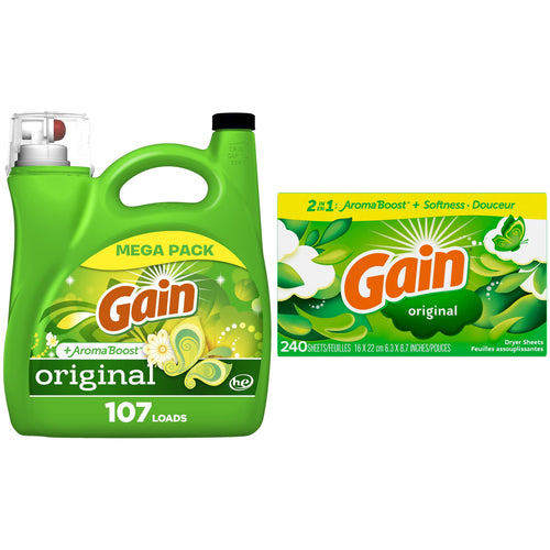 Green Gain mega-pack liquid laundry detergent bottle paired with a green box of Gain Original dryer sheets