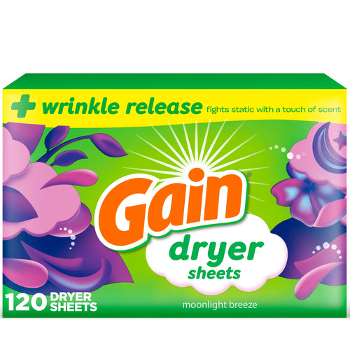 Single box of Gain dryer sheets in Moonlight Breeze packaging with bold logo and floral graphics