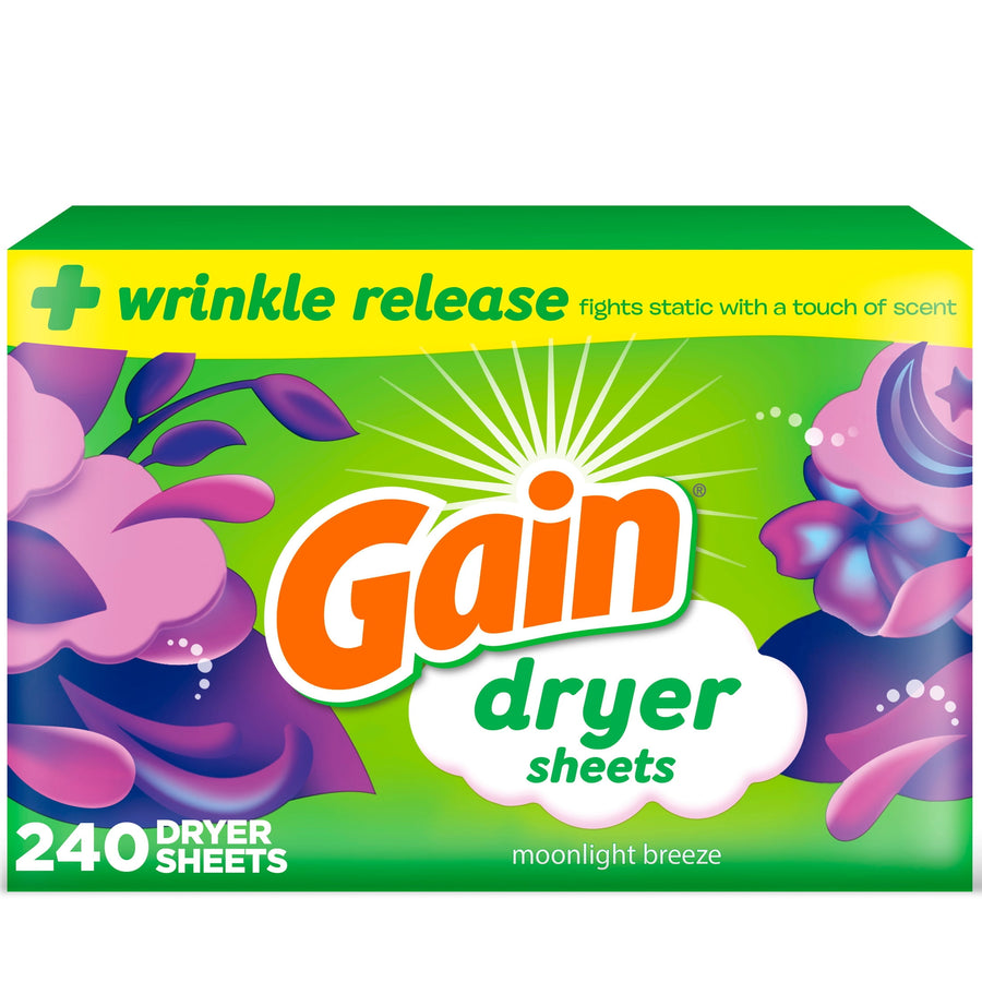 Front of Gain Moonlight Breeze dryer sheets box with floral graphics and 240 count callout