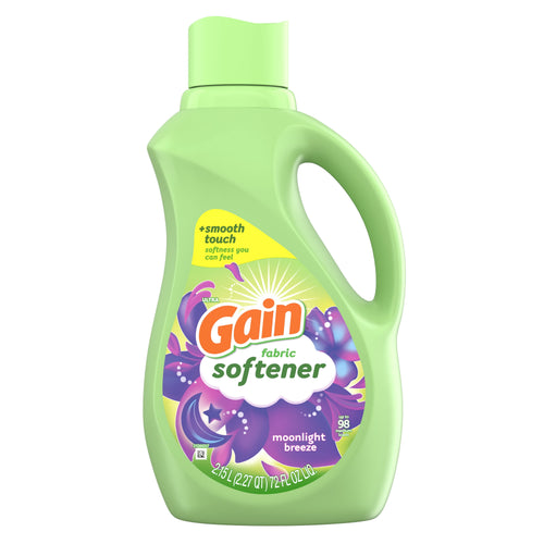 Light green Gain fabric softener bottle labeled “softener” with moonlight breeze decorative purple floral label
