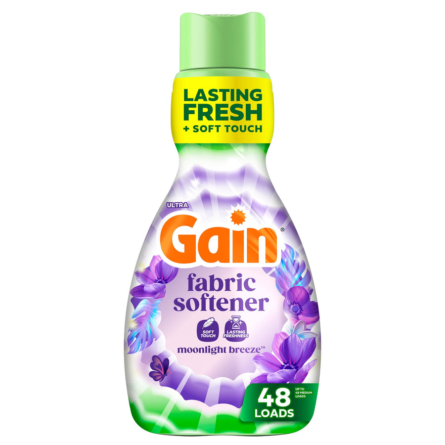 Gain Moonlight Breeze fabric softener bottle with purple floral graphics and green cap