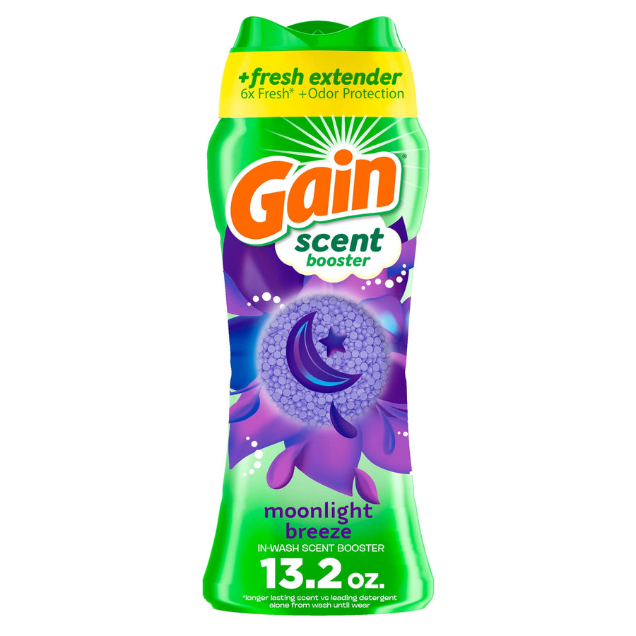 Green Gain Scent Booster bottle labeled Moonlight Breeze with purple floral graphics and 13.2 oz copy