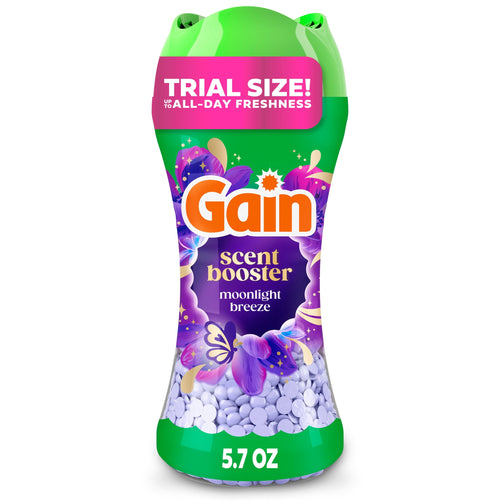 Gain Scent Booster bottle labeled Moonlight Breeze with visible purple scent beads and a 'Trial Size' banner