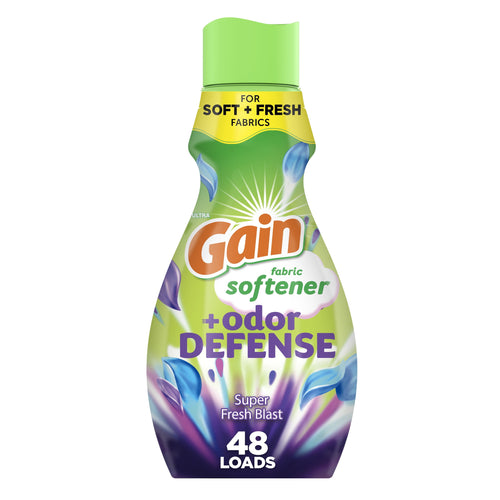 Front-facing bottle of Gain fabric softener Odor Defense Super Fresh Blast with bright green cap and colorful label