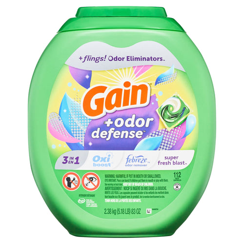 Green oval tub of Gain +odor defense laundry pacs with colorful label and product emblem