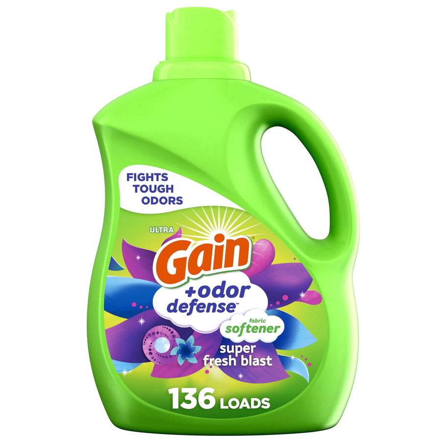 Bright green Gain +odor defense fabric softener bottle with colorful purple label and 136 loads callout
