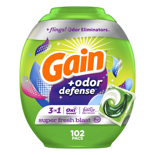 Green Gain +odor defense plastic tub with Super Fresh Blast branding and a single detergent pac shown on label