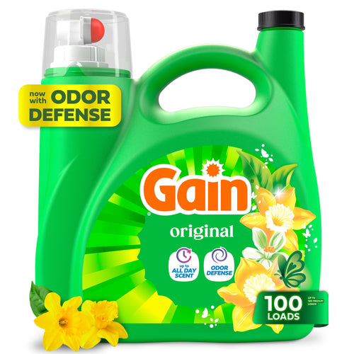 Green Gain original liquid detergent jug with handle, floral artwork and 'odor defense' label on a white background.