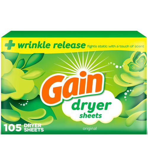 Boxed Gain dryer sheets in green packaging with large orange Gain logo and 105 count text