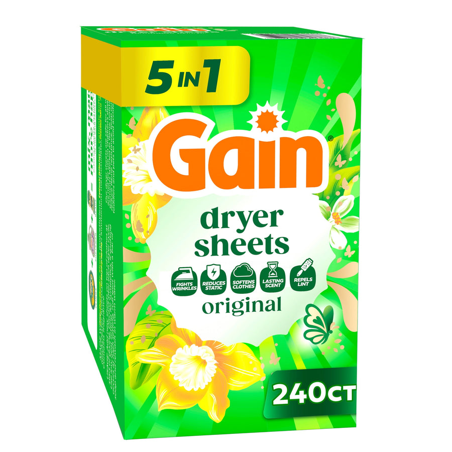 Box of Gain Original dryer sheets with green floral packaging and prominent 240 ct label on front