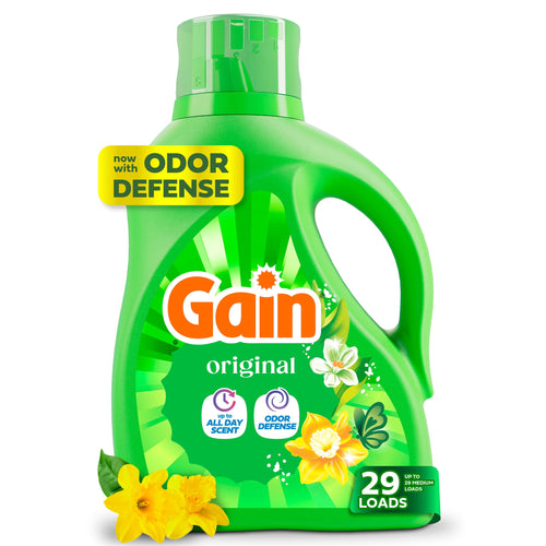 Green Gain Original liquid detergent bottle with floral artwork and 'odor defense' badge on a white background.