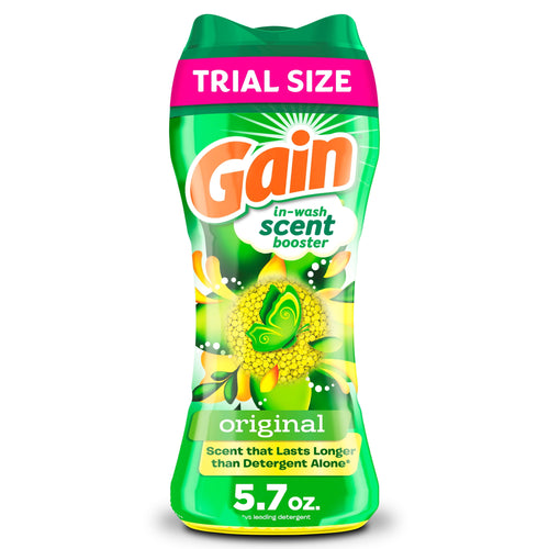 Green Gain in-wash scent booster bottle labeled 'original' with a pink 'trial size' band on white background