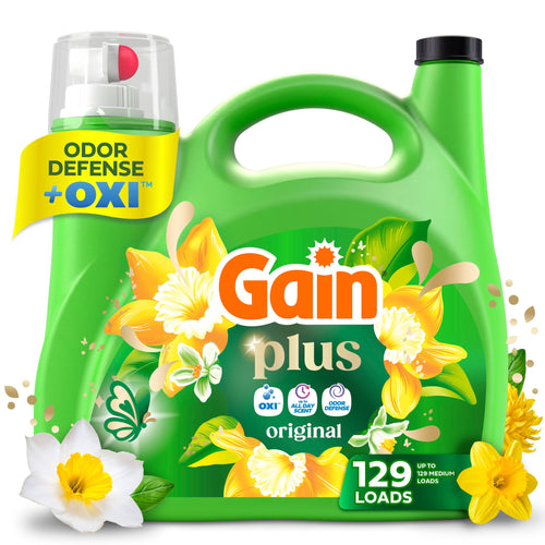 Green Gain Plus laundry detergent jug with floral label, 129 loads badge and odor defense + OXI banner