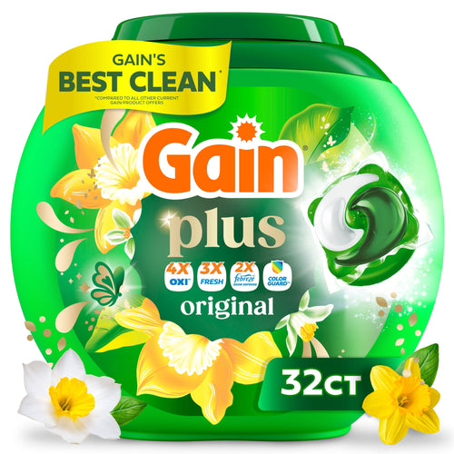 Green Gain Plus detergent pod tub with floral graphics, Gain logo and prominent 32ct label on front