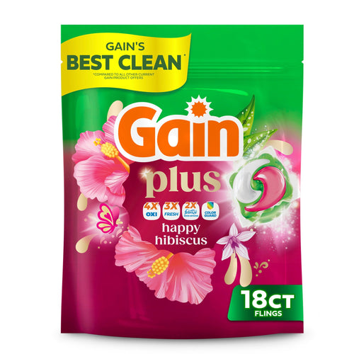 Front-facing pouch of Gain plus Happy Hibiscus laundry pacs with hibiscus artwork and 18ct label