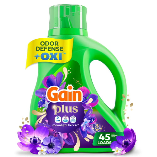 Green Gain Plus laundry detergent bottle with purple floral label and yellow Odor Defense + OXI banner