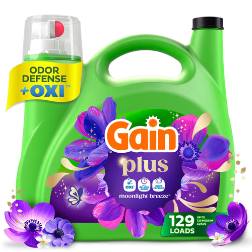 Green Gain Plus laundry detergent jug with purple floral label and odor defense + OXI banner