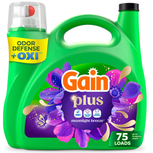 Green Gain Plus laundry detergent jug with purple floral label and '75 loads' badge, Moonlight Breeze branding