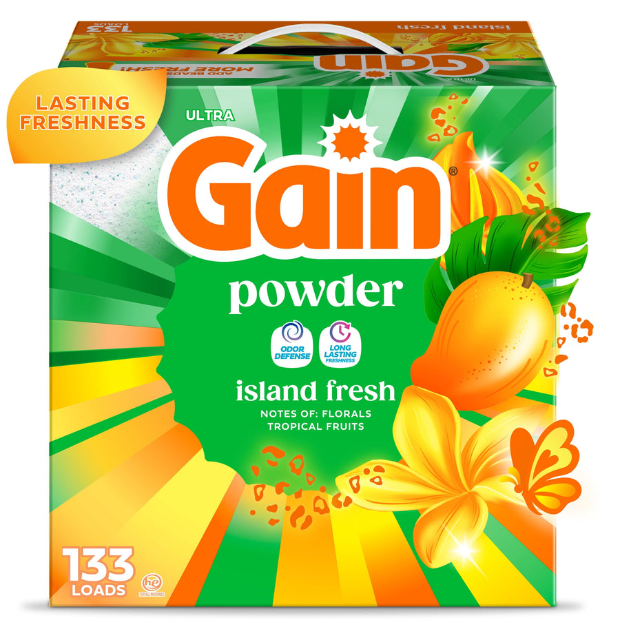 Bright green box of Gain powder laundry detergent with island-fresh fruit and flower graphics