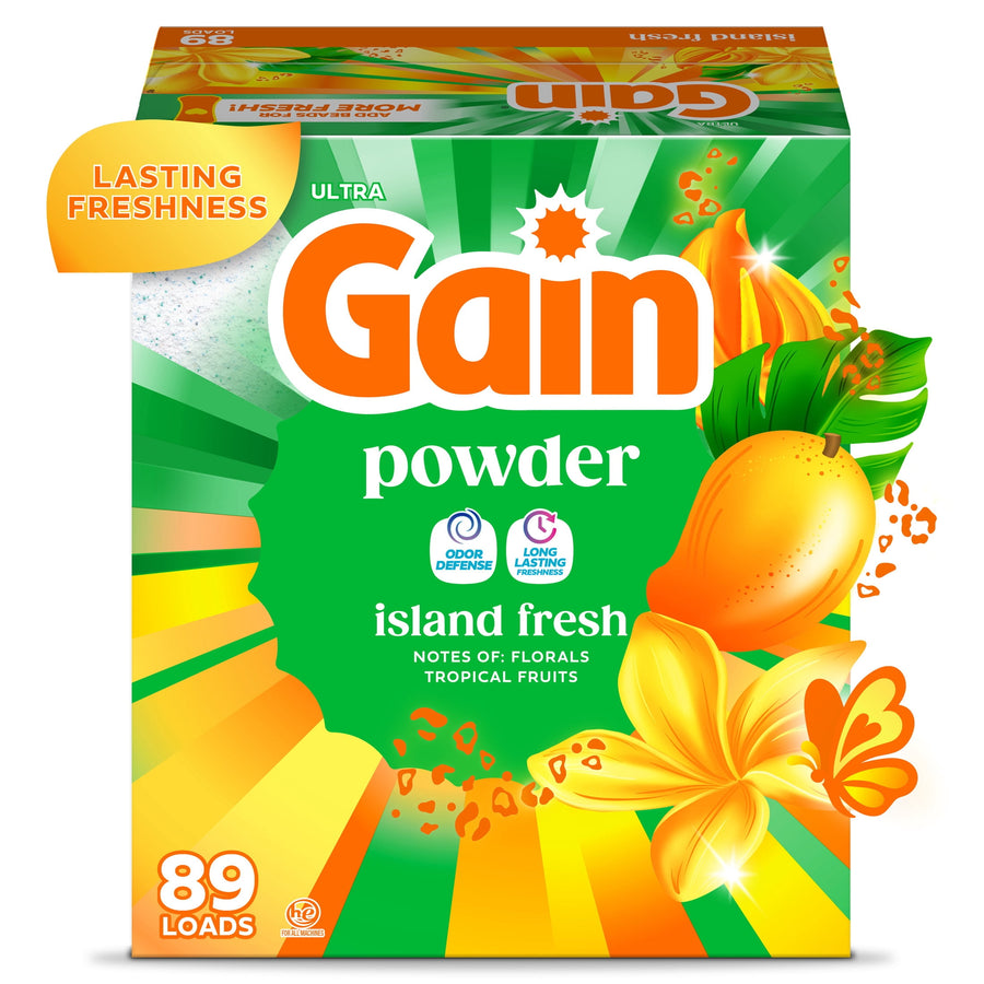 Front-facing box of Gain powder laundry detergent in Island Fresh design with mango and floral graphics and 89 loads callout