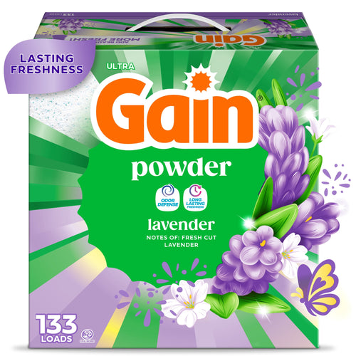 Front-facing Gain powder lavender cardboard box with floral graphics and prominent orange logo