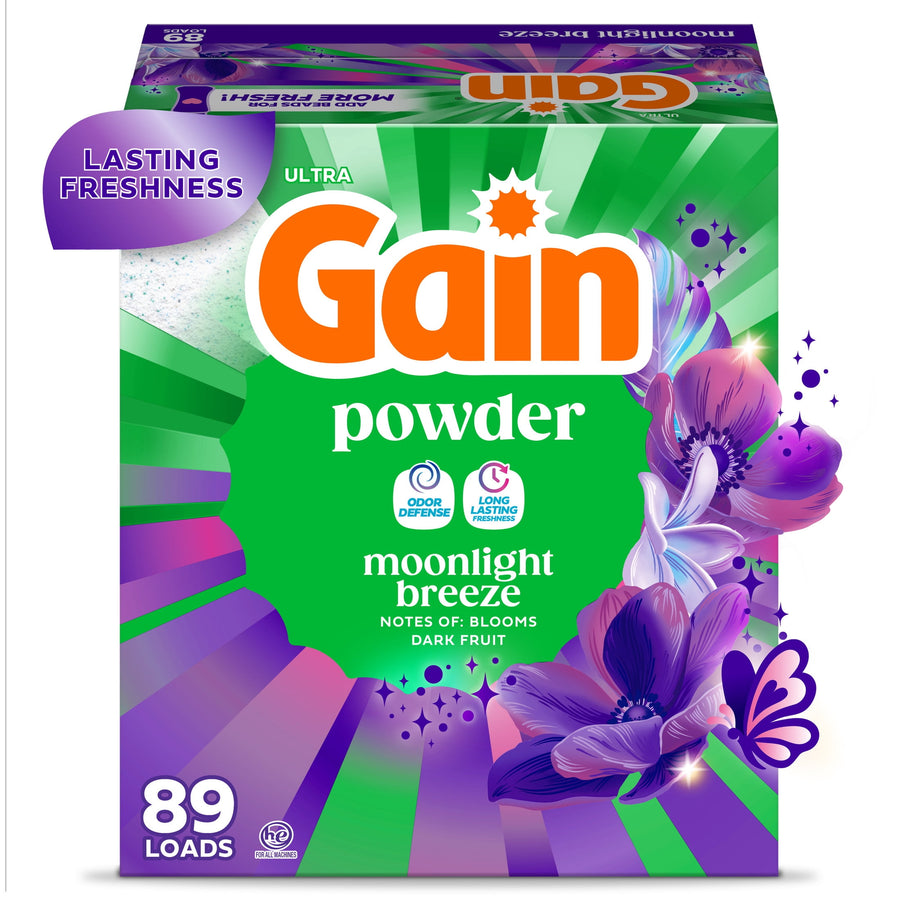 Front-facing Gain powder Moonlight Breeze box with green and purple floral design and 89 loads callout
